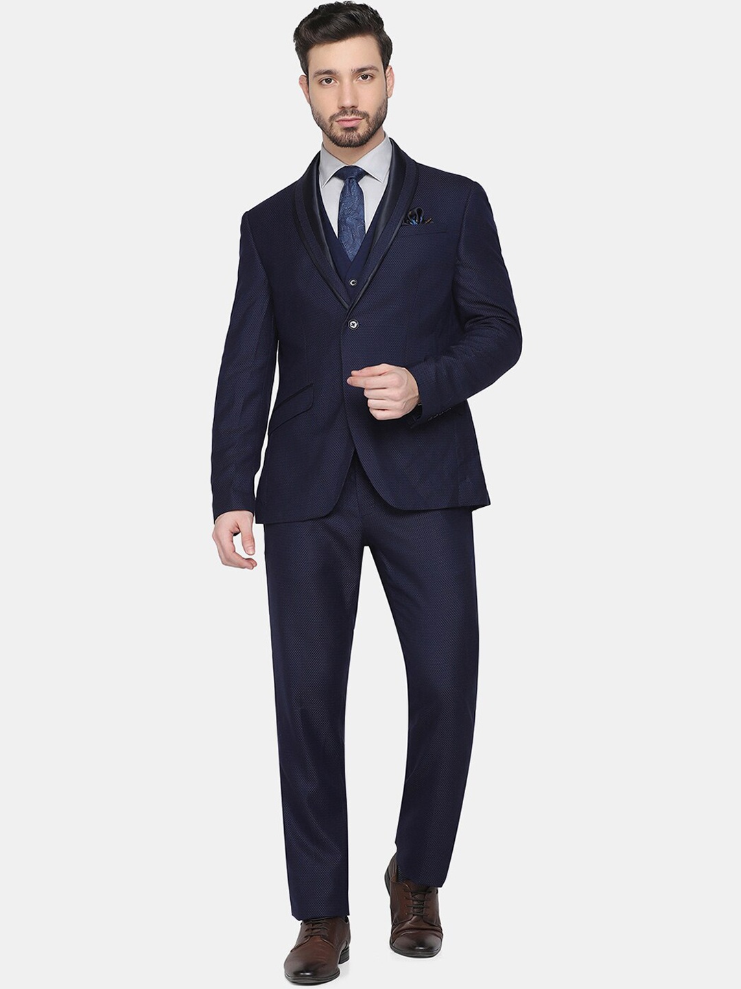 

Blackberrys Men Navy Blue Self-Design Single-Breasted Slim-Fit Three-Piece Suit