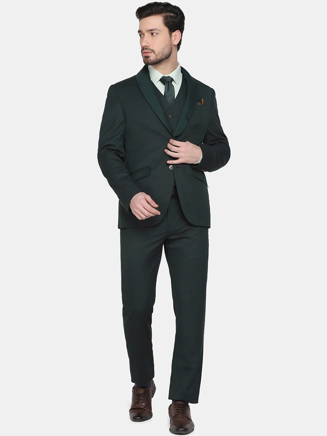 

Blackberrys Men Green Self-Design Single-Breasted Slim-Fit Three-Piece Suit