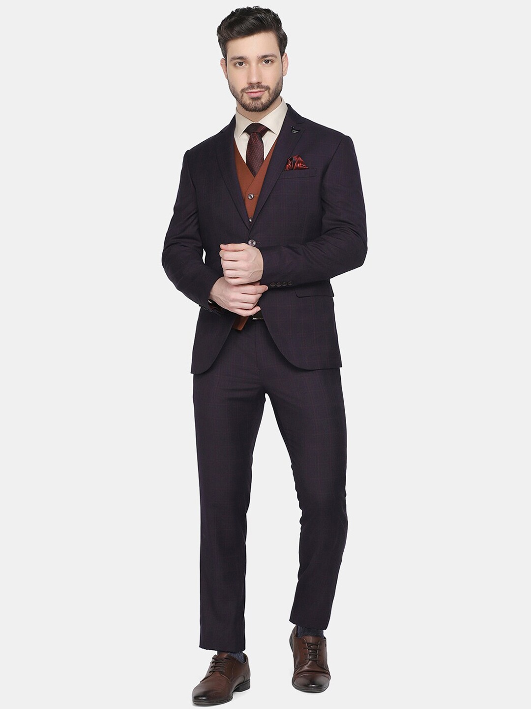 

Blackberrys Men Maroon Checked Single-Breasted Slim-Fit Three-Piece Suit