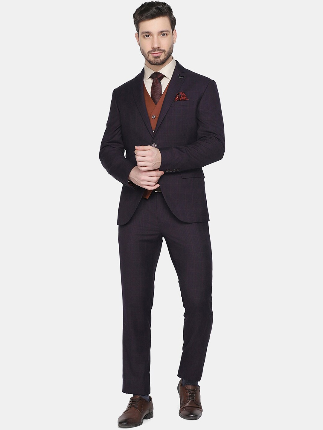 

Blackberrys Men Maroon Checked Slim-Fit Single-Breasted Three-Piece Formal Suit