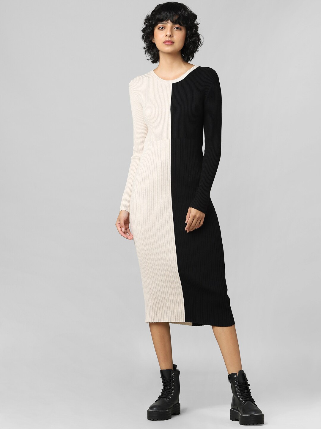 

ONLY Beige & Black Colourblocked Sheath Midi Cotton Dress