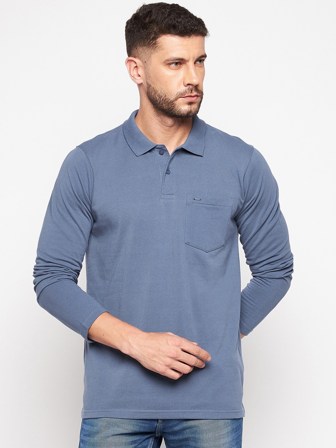 

Okane Men Plus Size Blue Polo Collar Cotton Casual T-shirt