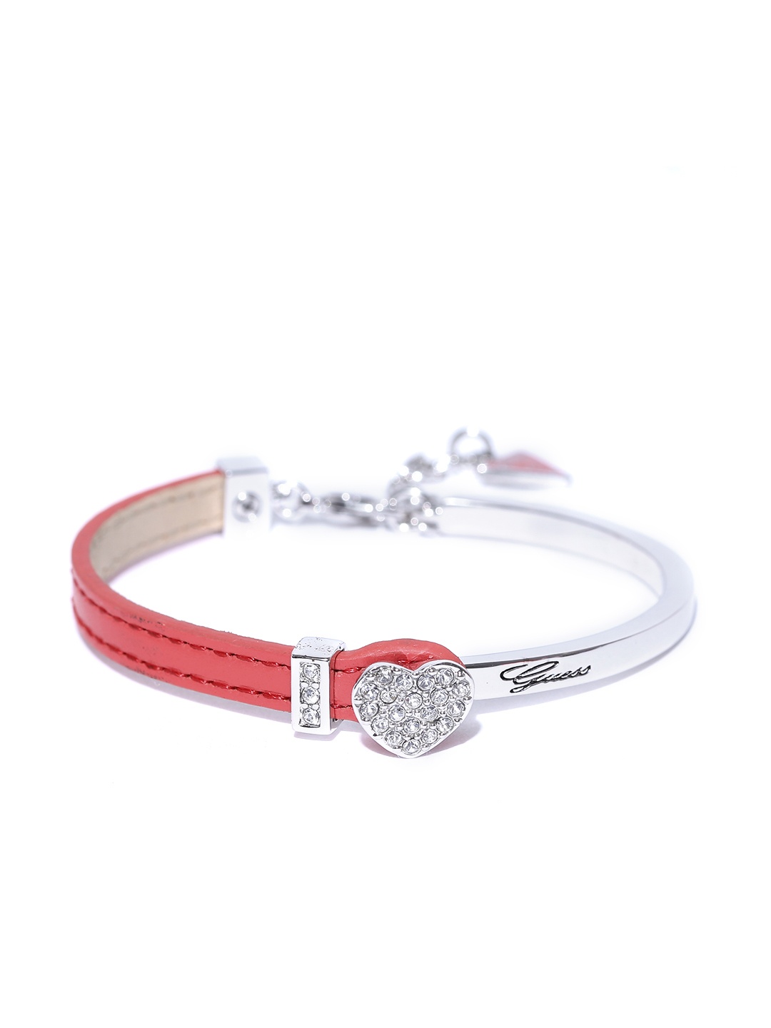 

GUESS Silver-Toned & Red Stone-Studded Leather Bracelet