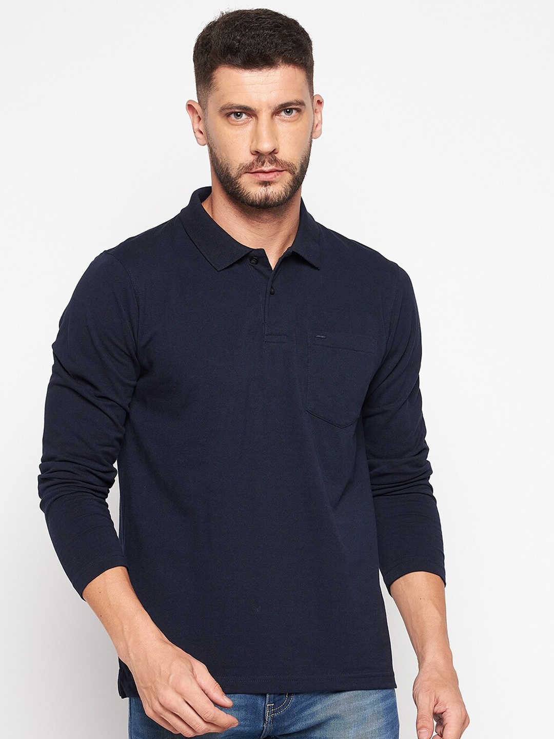 

Okane Men Navy Blue Polo Collar Cotton T-shirt