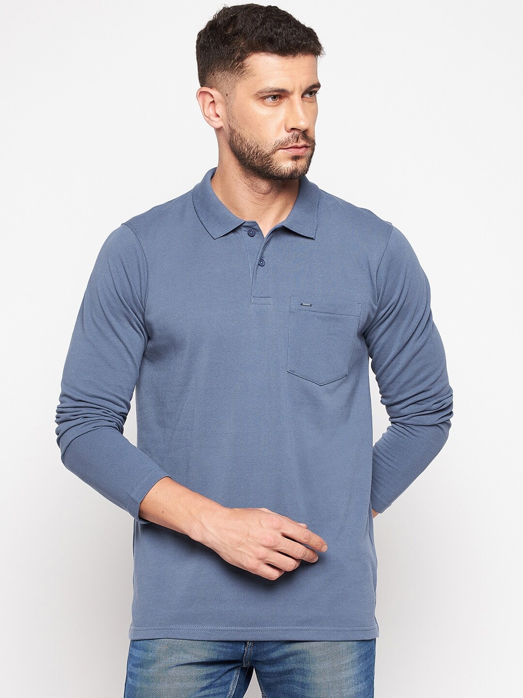 

Okane Men Blue Polo Collar Cotton T-shirt