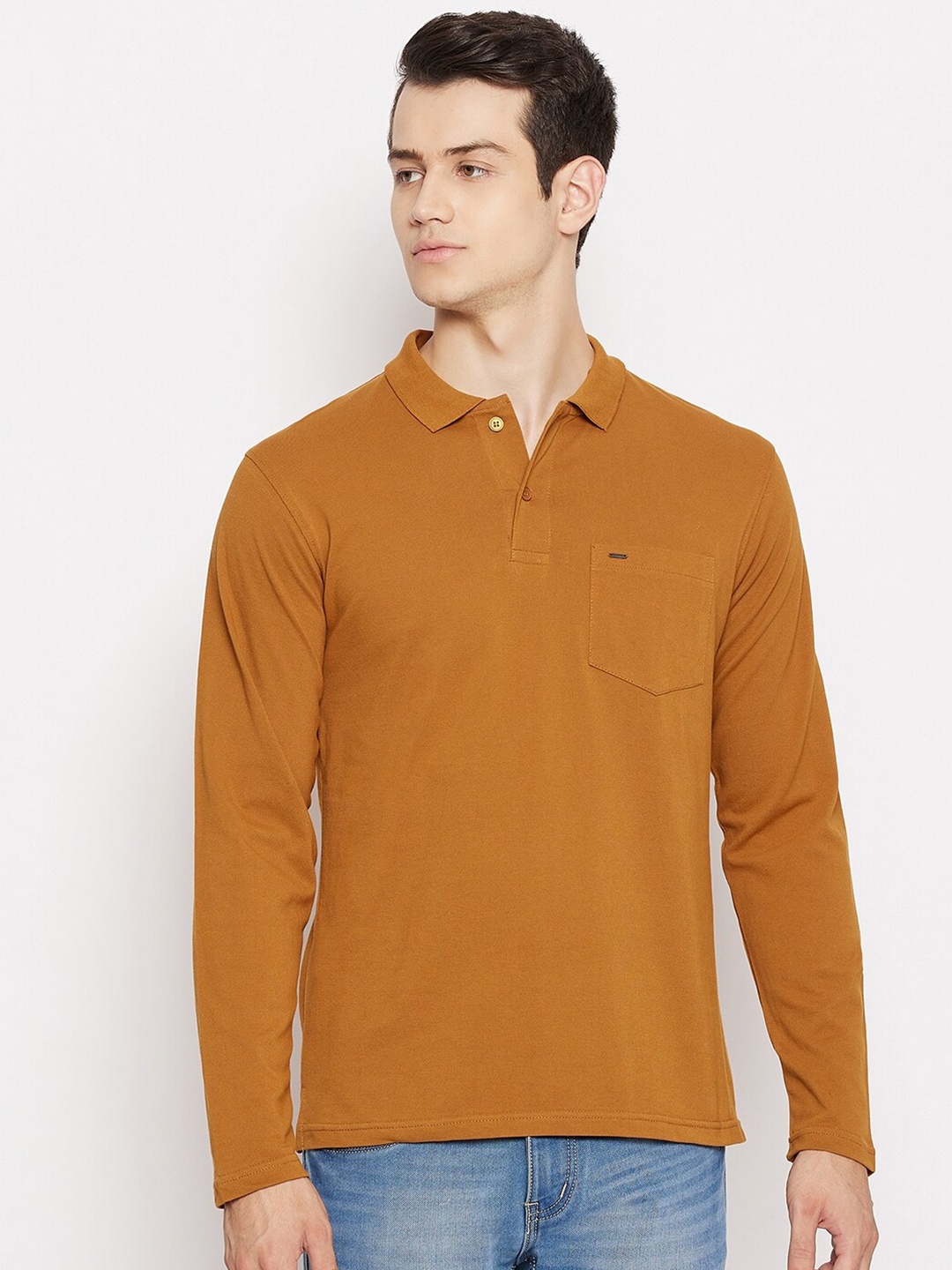 

Okane Men Tan Polo Collar Cotton T-shirt