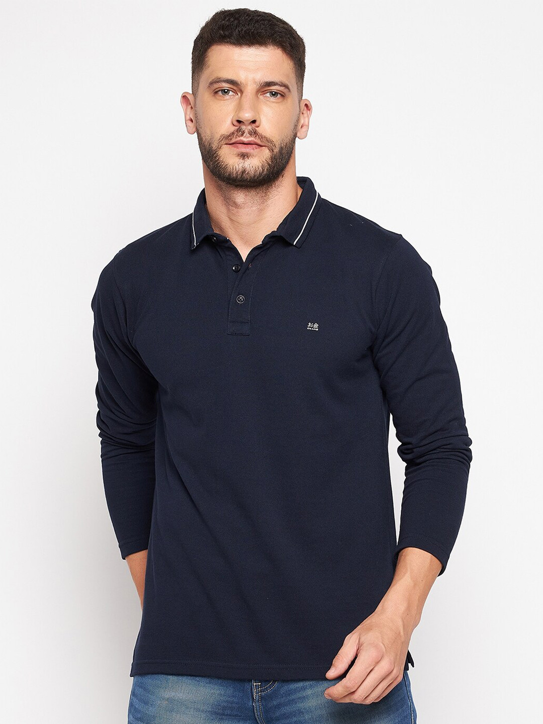 

Okane Men Navy Blue Polo Collar Cotton T-shirt