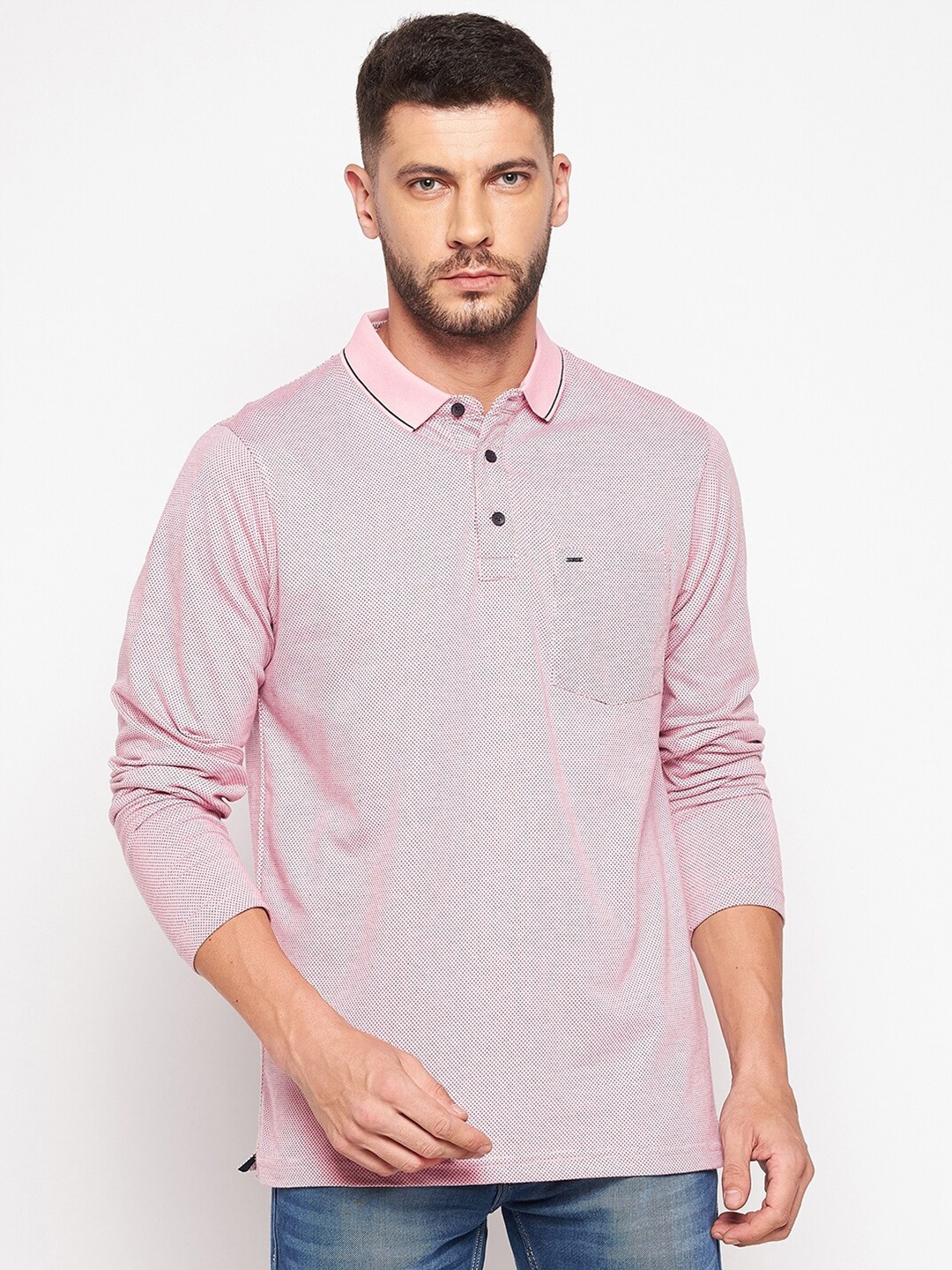 

Okane Men Pink Polo Collar Cotton T-shirt