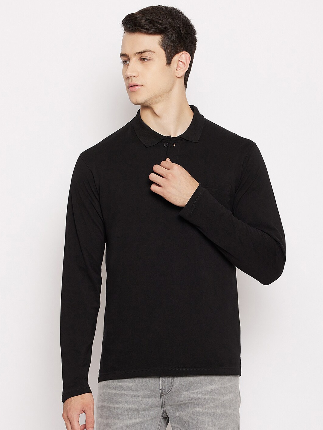 

Okane Men Black Polo Collar Cotton T-shirt