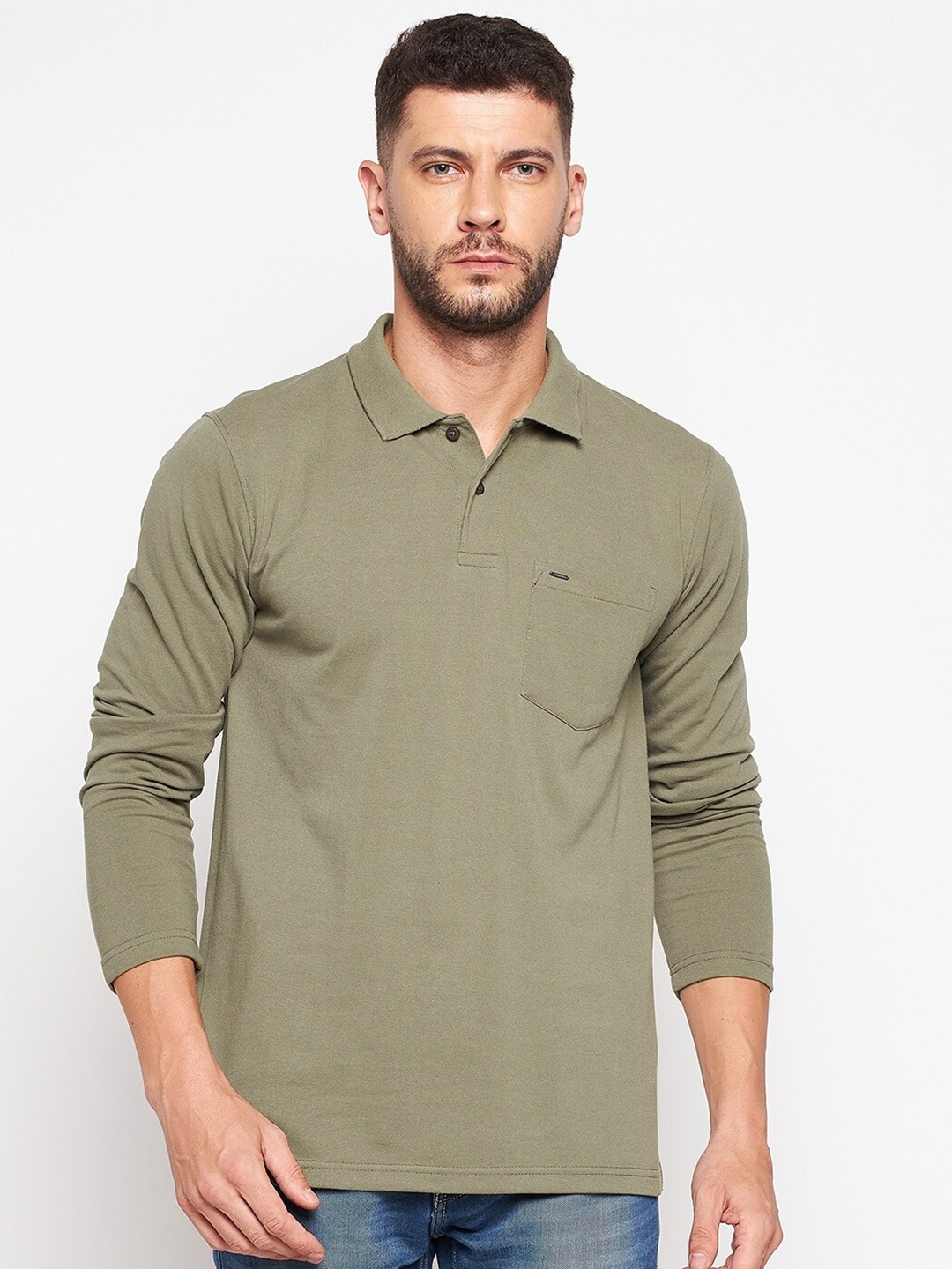 

Okane Plus Men Olive Green Polo Collar Cotton T-shirt