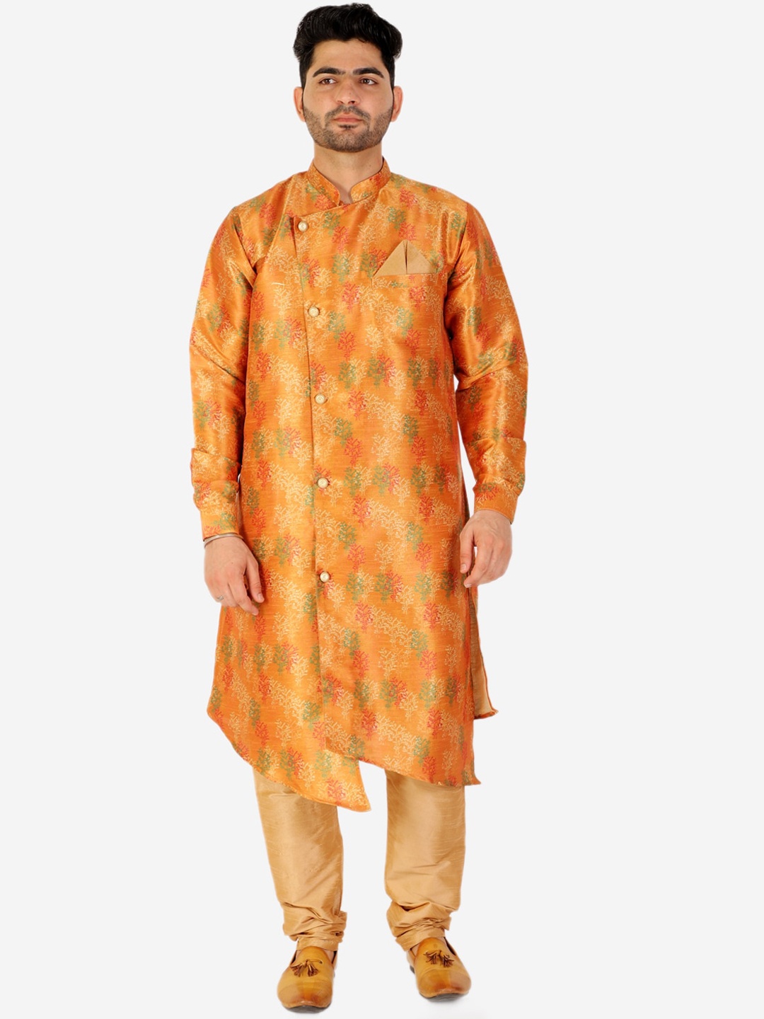 

Pro-Ethic STYLE DEVELOPER Men Ethnic Motifs Angrakha Pure Silk Kurta with Churidar, Mustard
