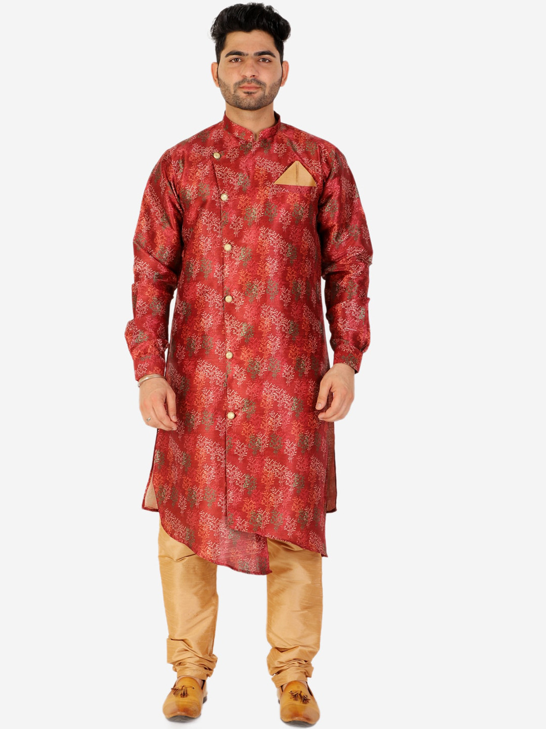 

Pro-Ethic STYLE DEVELOPER Men Printed Angrakha Pure Silk Kurta with Pyjamas, Maroon