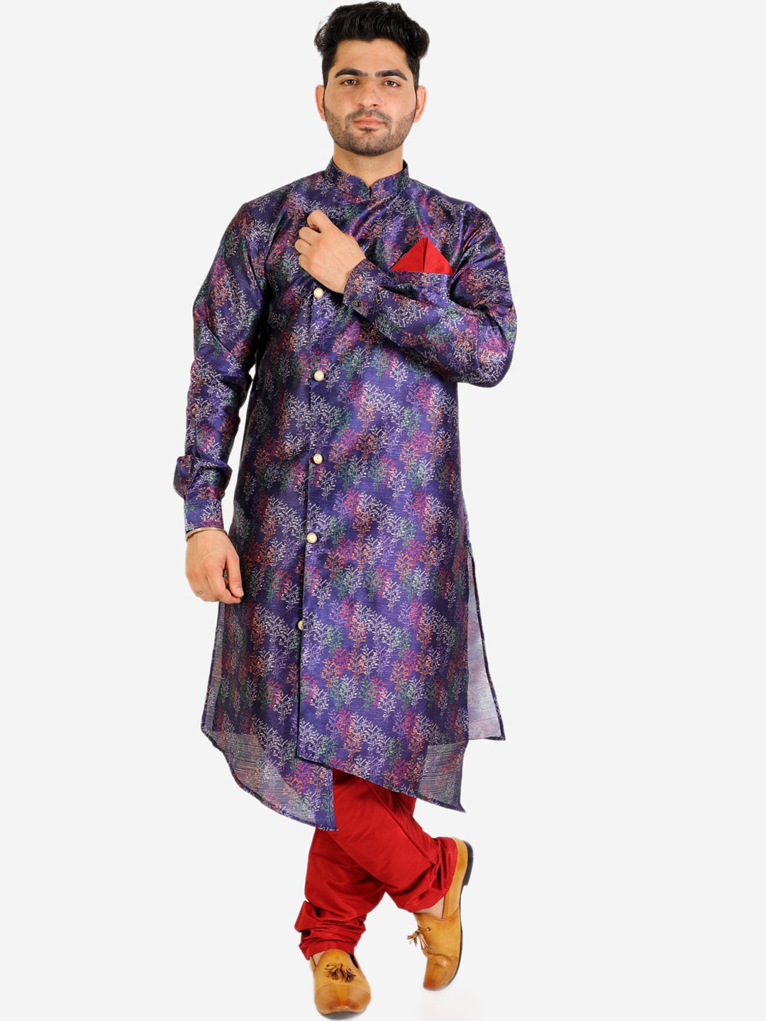 

Pro-Ethic STYLE DEVELOPER Men Printed Angrakha Kurta with Churidar, Navy blue