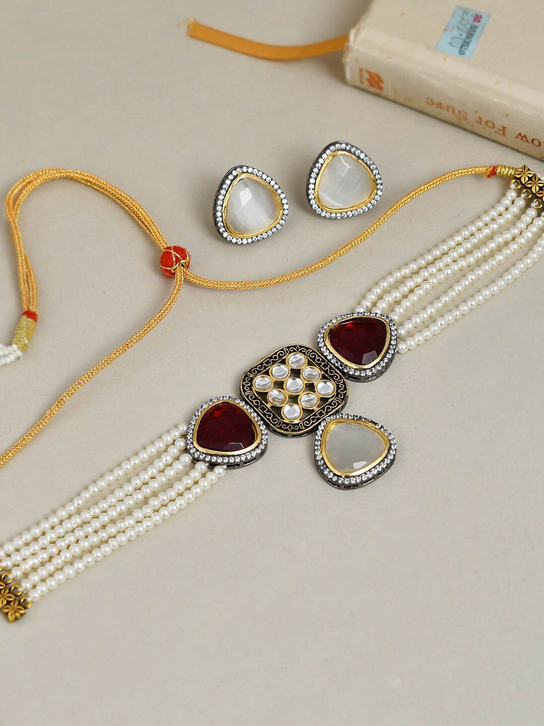 

Silvermerc Designs Gold-Plated & Maroon Gold Kundan Pearls Jewellery Set