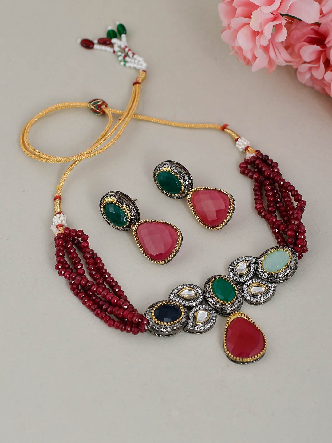 

Silvermerc Designs Gold Plated Maroon and Green Quartz Beaded Jewellery Set