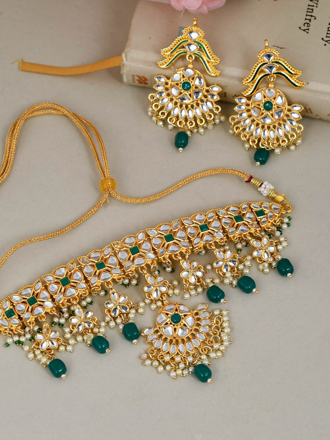 

Silvermerc Designs Gold-Plated White & Green Kundan Studded & Beaded Jewellery Set