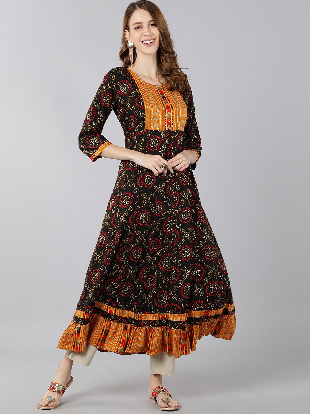 

kipek Women Black & Mustard Yellow Bandhani Printed Anarkali Kurta