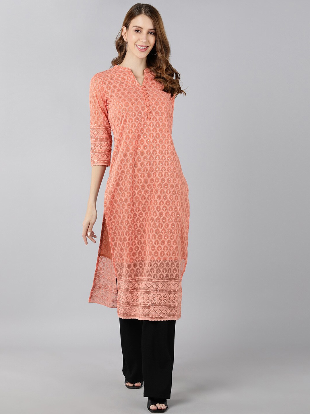 

kipek Women Peach-Coloured Ethnic Motifs Embroidered Georgette Kurta