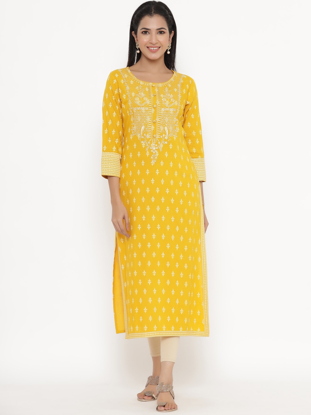 

kipek Women Yellow Ethnic Motifs Embroidered Thread Work Kurta