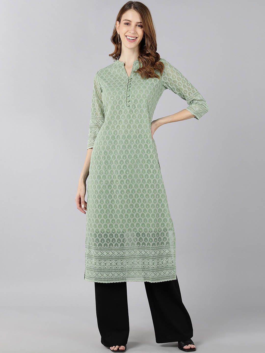 

kipek Women Green Ethnic Motifs Printed Georgette Straight Kurta