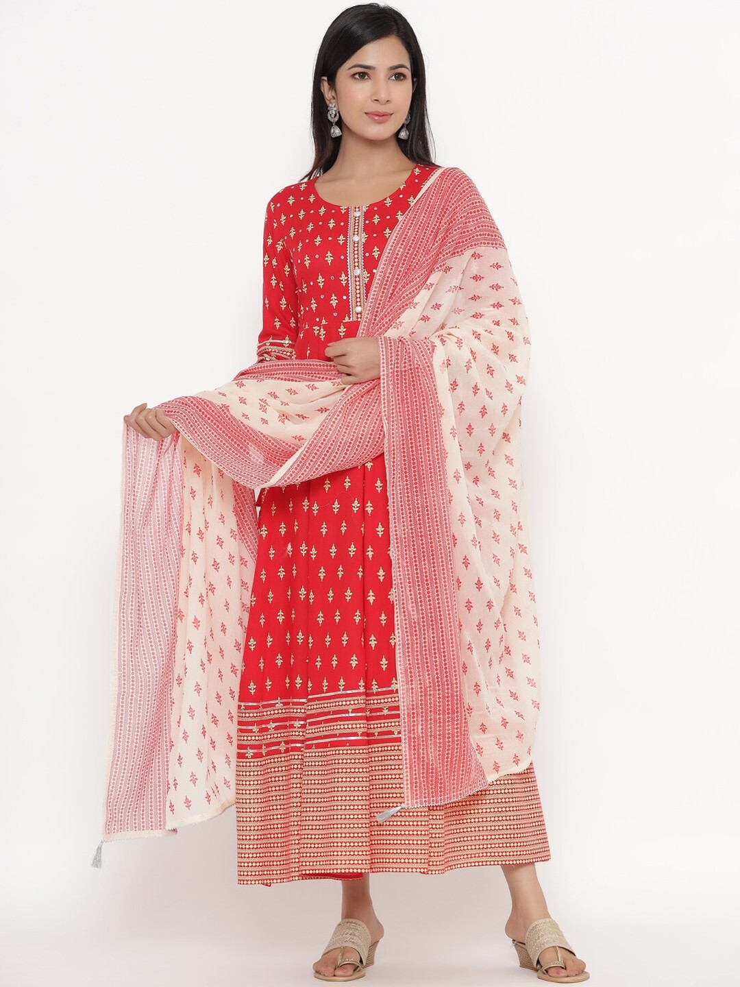 

kipek Women Red Floral Yoke Design Anarkali Kurta