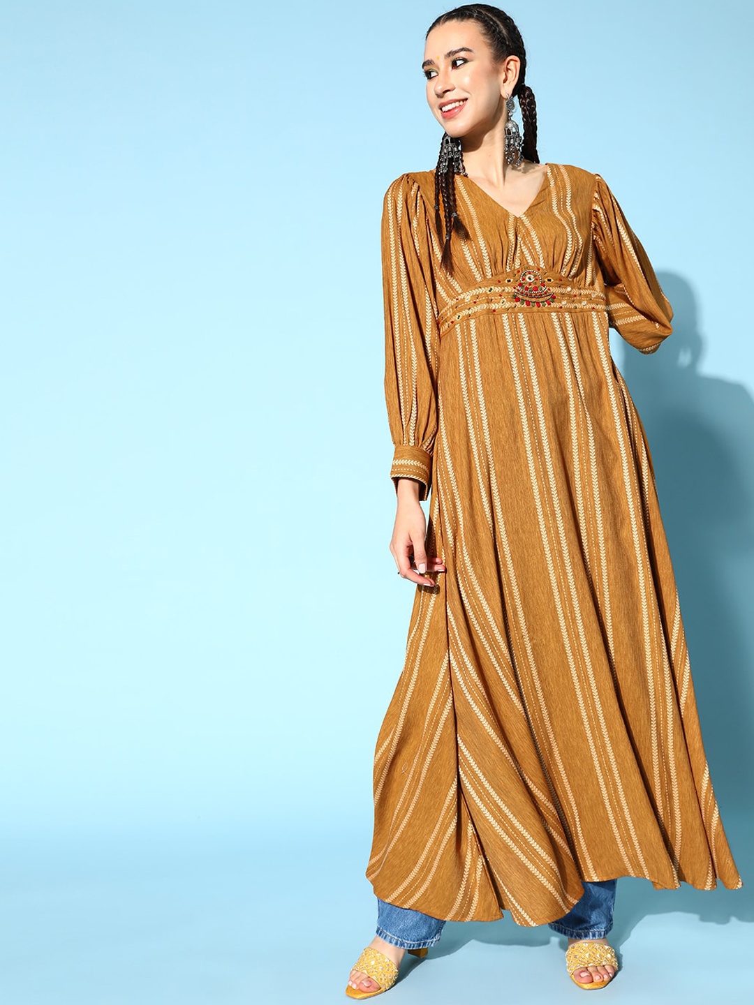 

kipek Women Brown Polyester Striped Print Anarkali Kurta