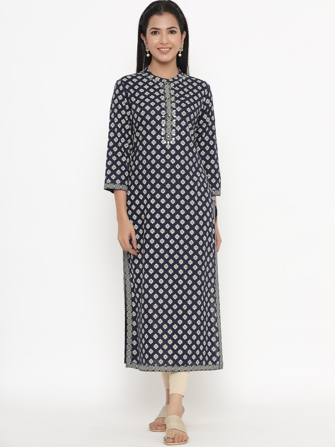 

kipek Women Geometric Printed Straight Kurta, Navy blue