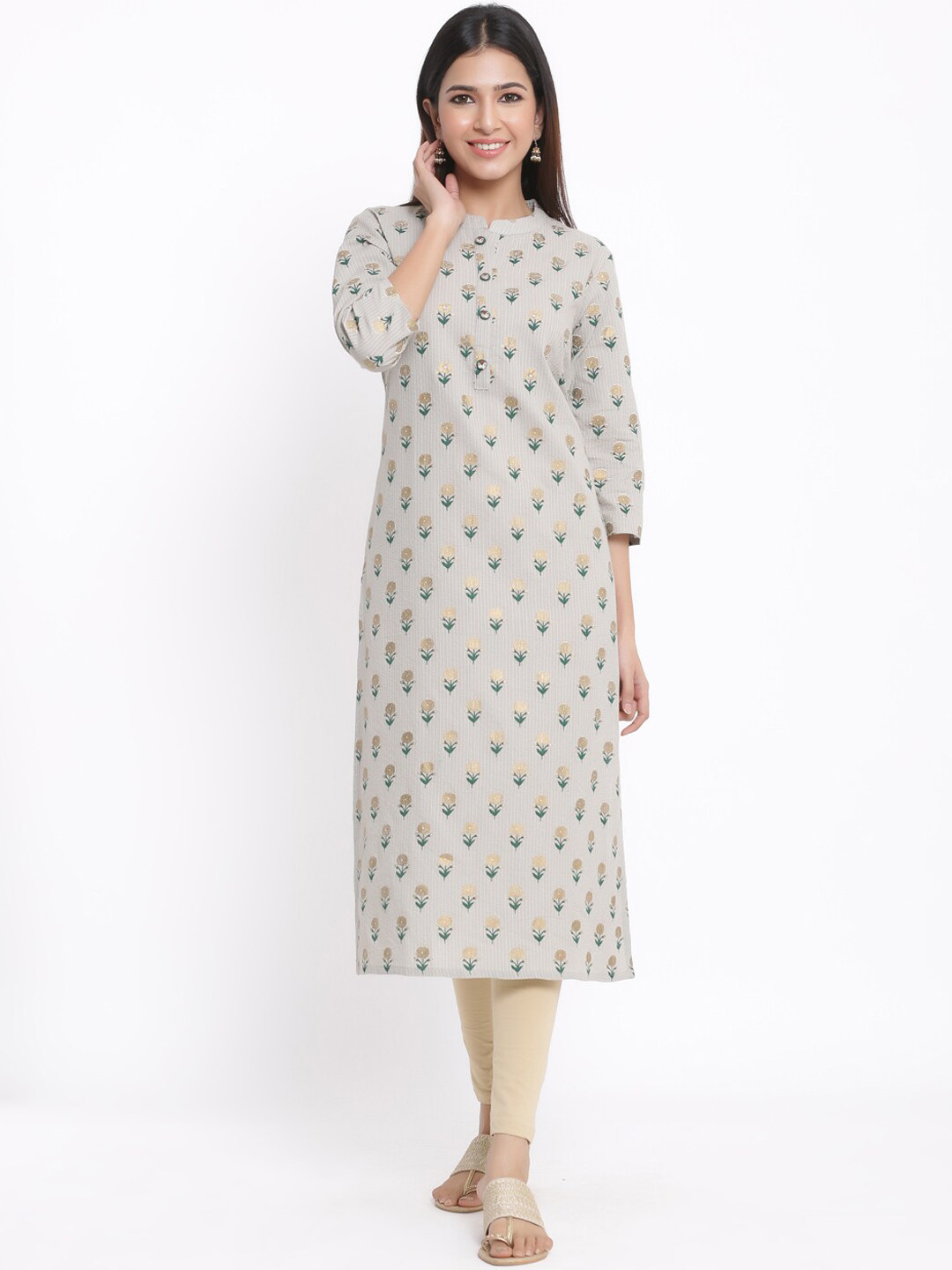 

kipek Women Grey & Gold-Toned Floral Printed Floral Kurta