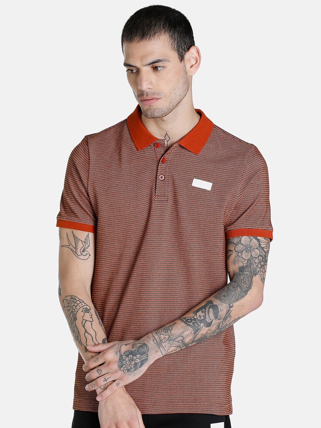 

one8 x PUMA Men Brown VK Jacquard Polo Collar Slim Fit T-shirt