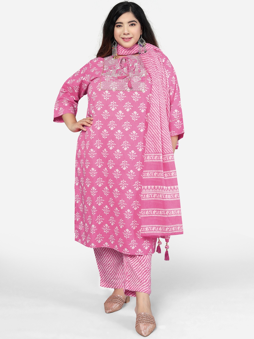 

MIRCHI FASHION Women Plus Size Floral Printed Pure Cotton Kurta with Trouser & Dupatta, Pink