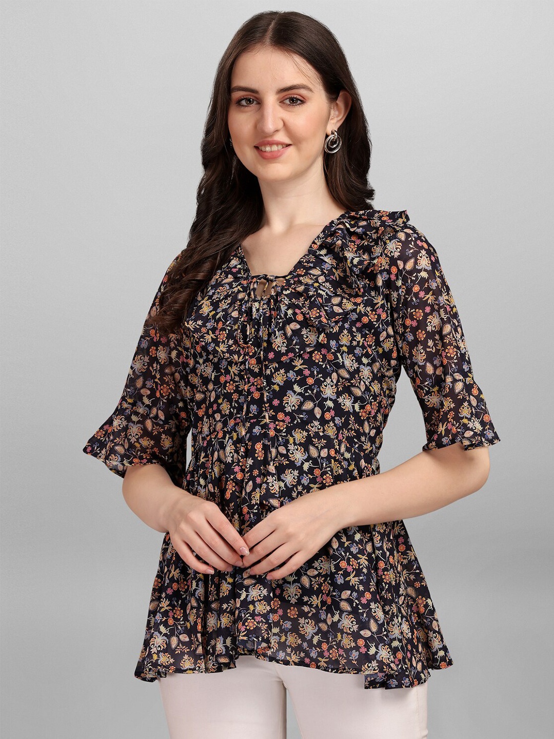

Anaita Black Animal Print Georgette Peplum Top