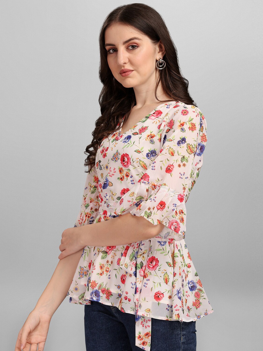 

Anaita Off White & Pink Floral Print Georgette Top