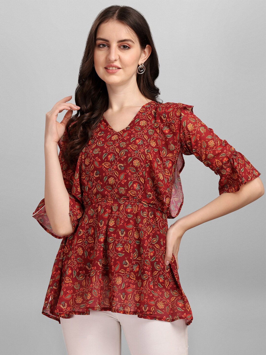

Anaita Maroon Floral Print Layered Georgette Cinched Waist Longline Top