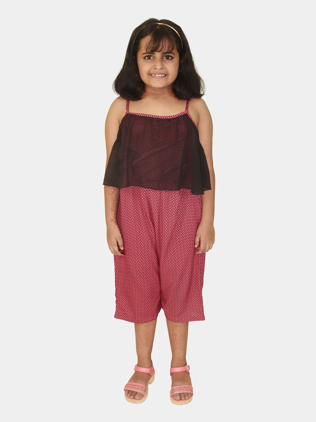 

Blooming flowers Girls Maroon & White Printed Capri Jumpsuit with Ruffles