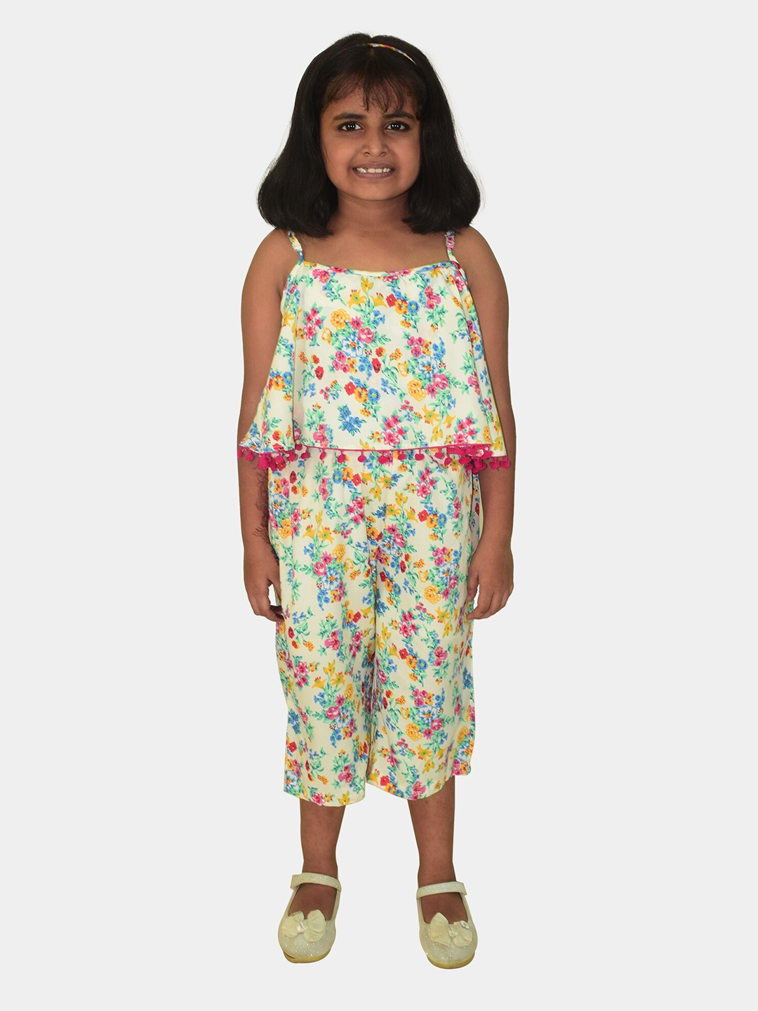 

Blooming flowers Girls Printed Capri Jumpsuit with Ruffles, Cream
