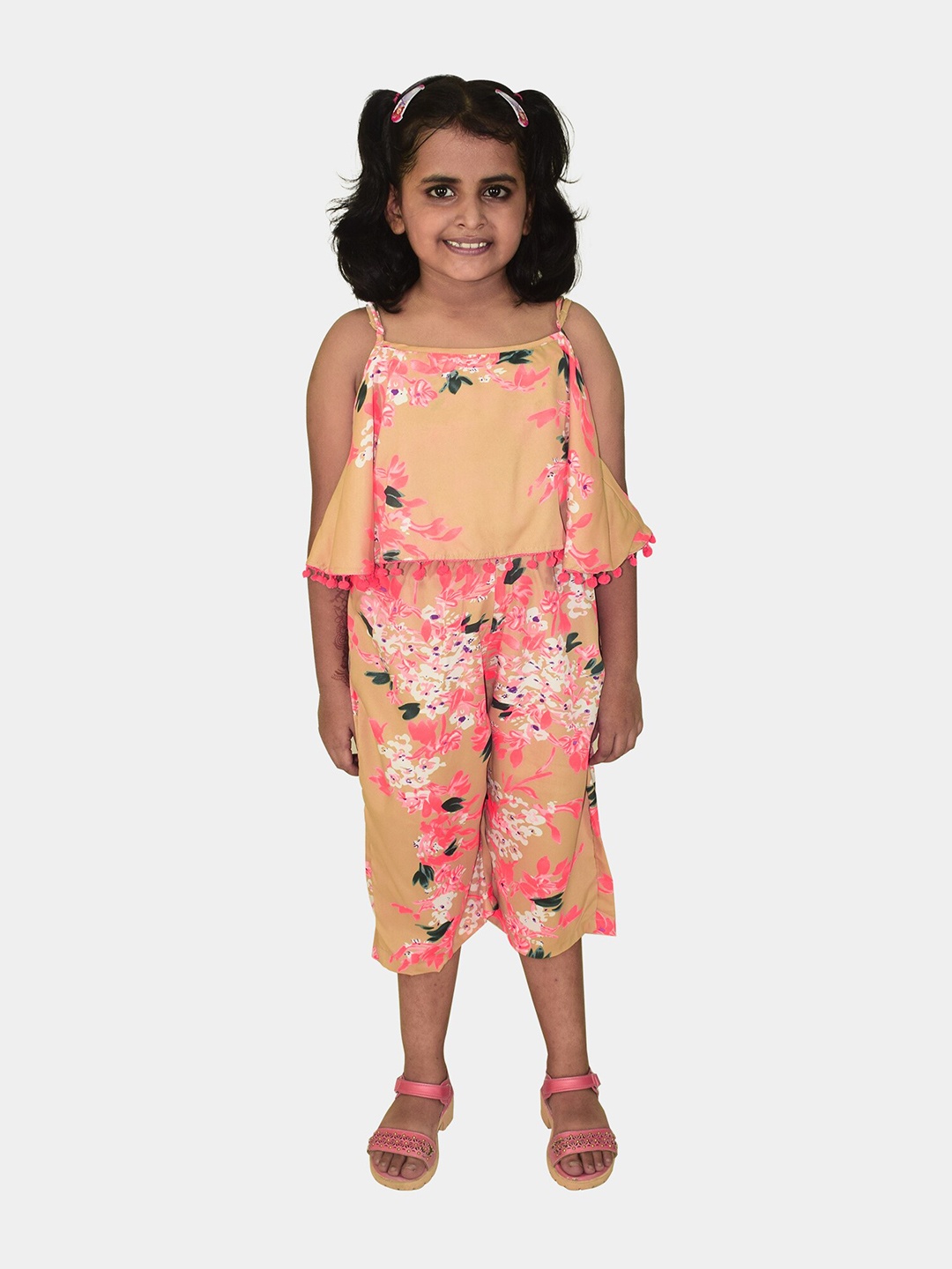 

Blooming flowers Girls Printed Capri Jumpsuit with Ruffles, Peach