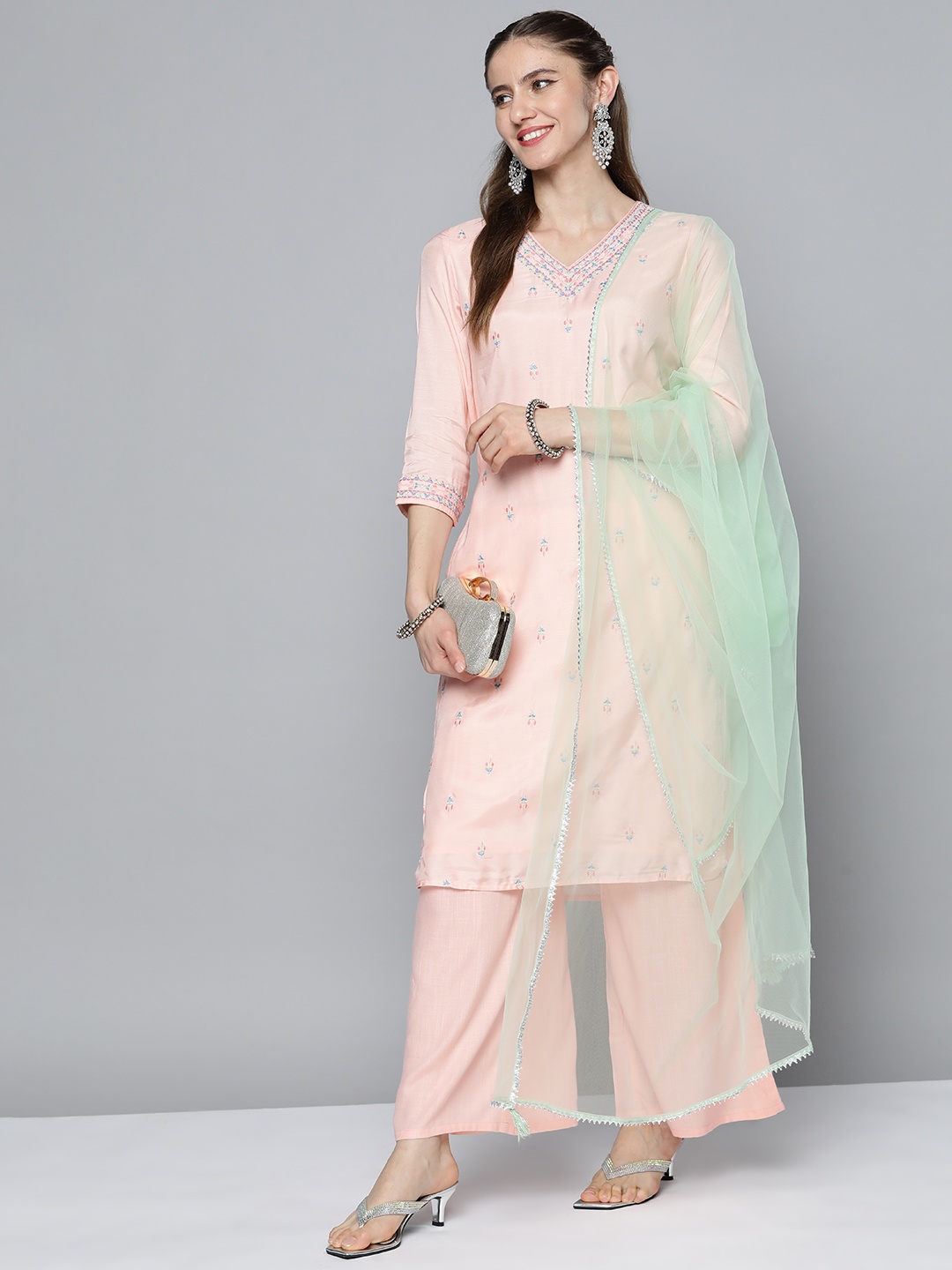 

HERE&NOW Women Peach-Coloured Embroidered Gotta Patti Kurta with Palazzos & Dupatta
