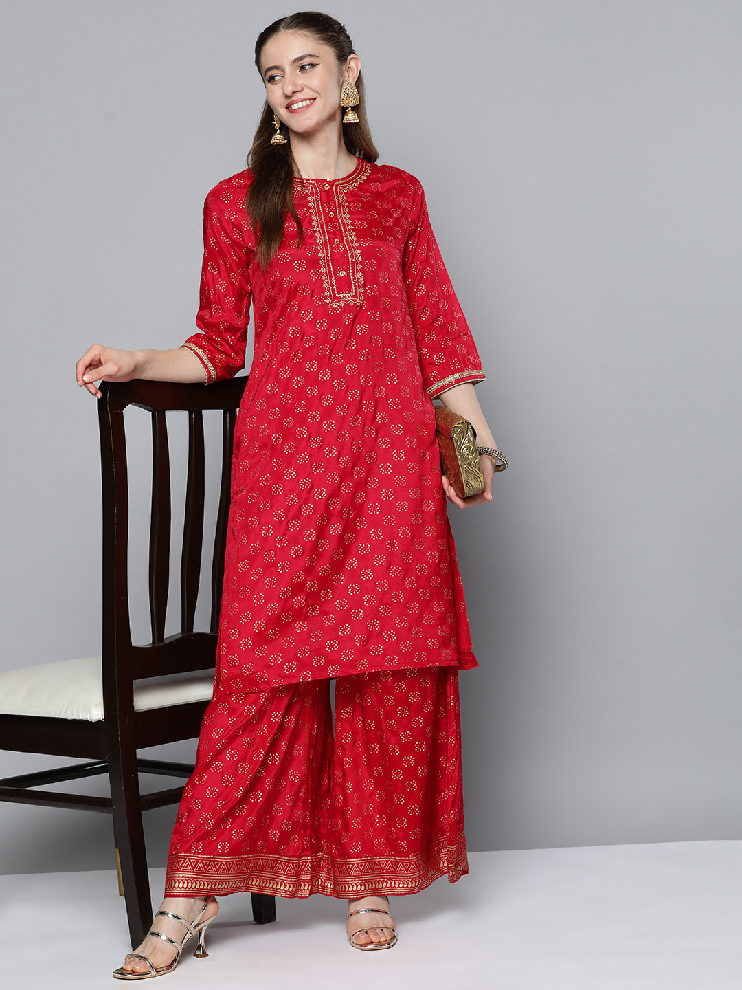 

HERE&NOW Women Red Ethnic Motifs Printed Gotta Patti Kurta with Palazzos