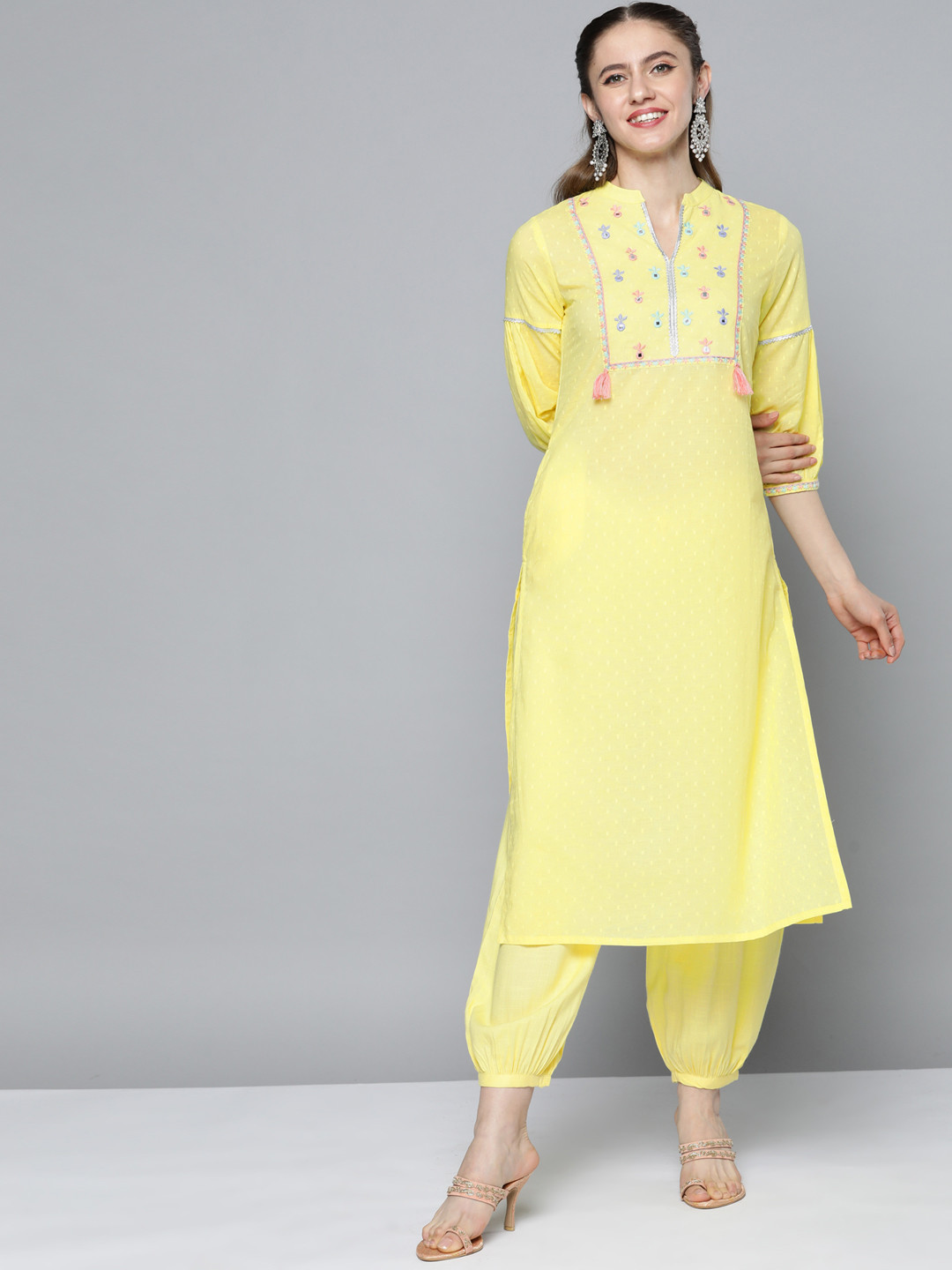 

HERE&NOW Women Yellow Embroidered Dobby Woven Pure Cotton Kurta with Salwar