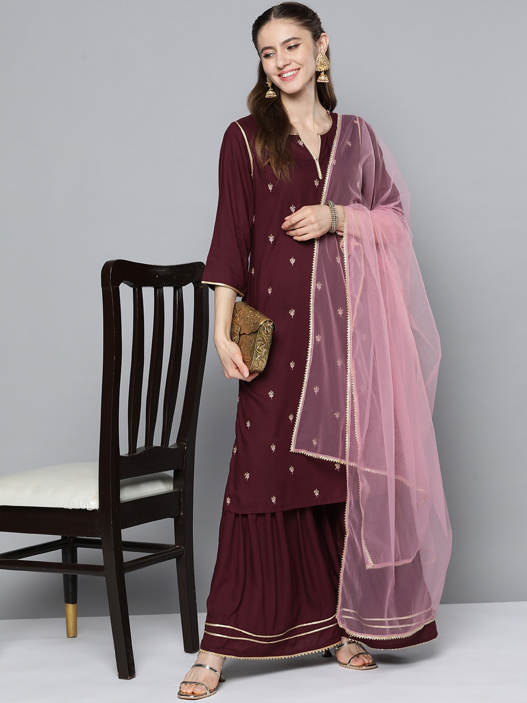 

HERE&NOW Women Burgundy Ethnic Motifs Embroidered Gotta Patti Kurta with Sharara & With Dupatta