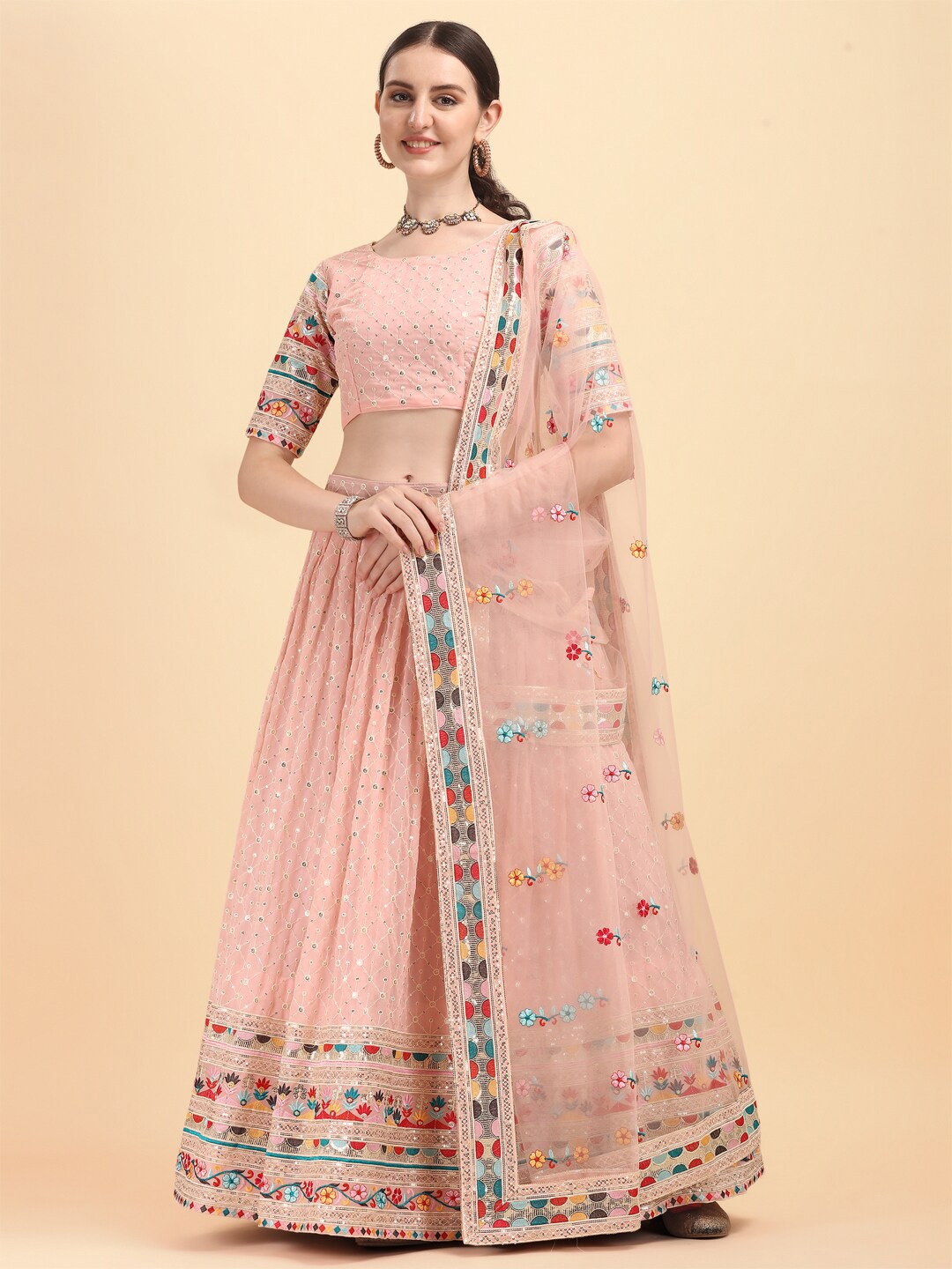 

Fab Viva Peach-Coloured & Blue Embroidered Patchwork Semi-Stitched Lehenga & Unstitched Blouse With Dupatta