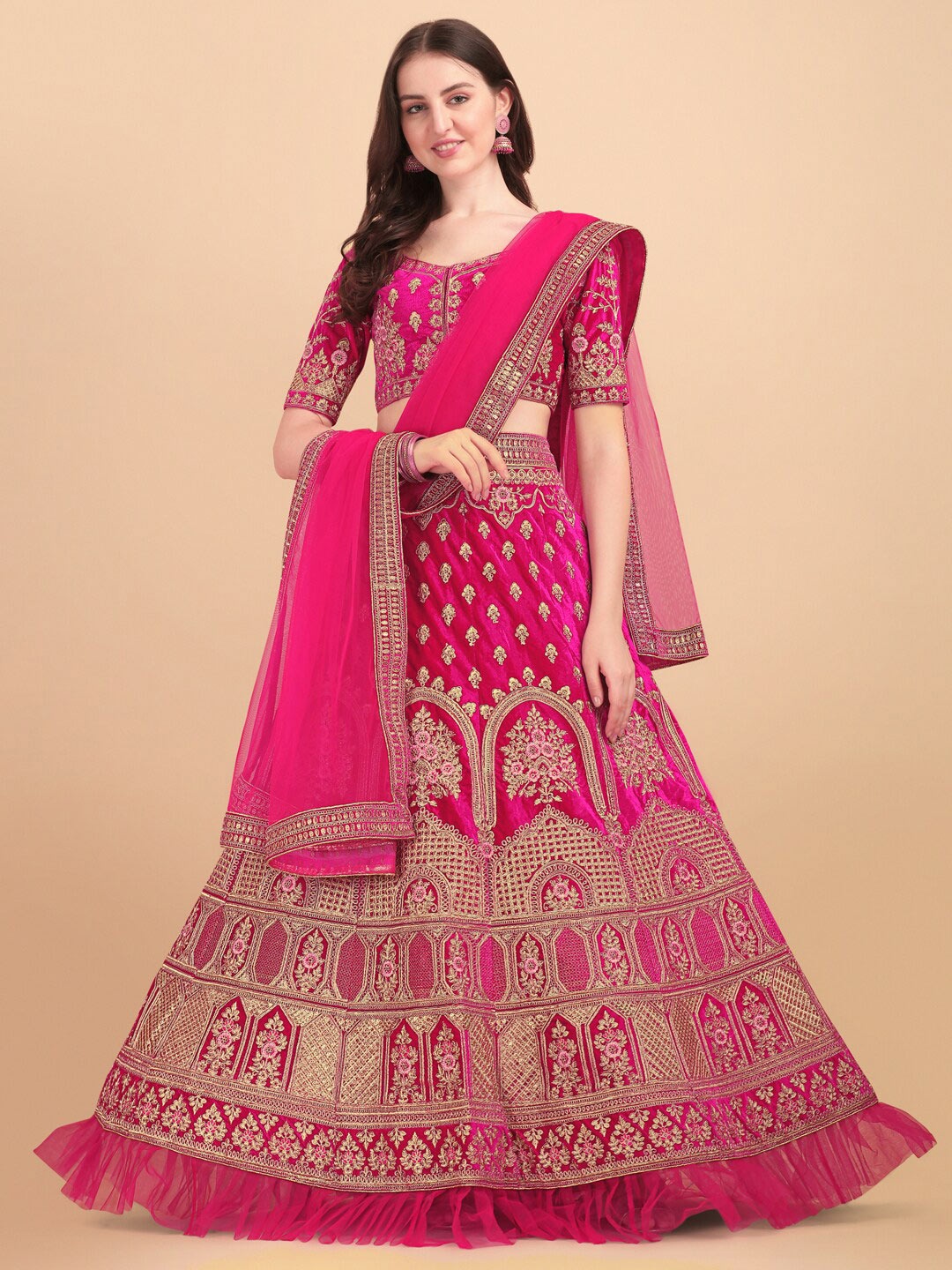 

Fab Viva Pink & Gold-Toned Embroidered Thread Work Semi-Stitched Lehenga & Unstitched Blouse With Dupatta