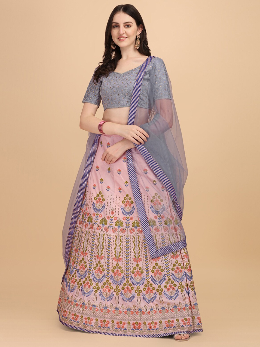 

Fab Viva Peach-Coloured & Pink Embroidered Thread Work Semi-Stitched Lehenga & Unstitched Blouse With Dupatta