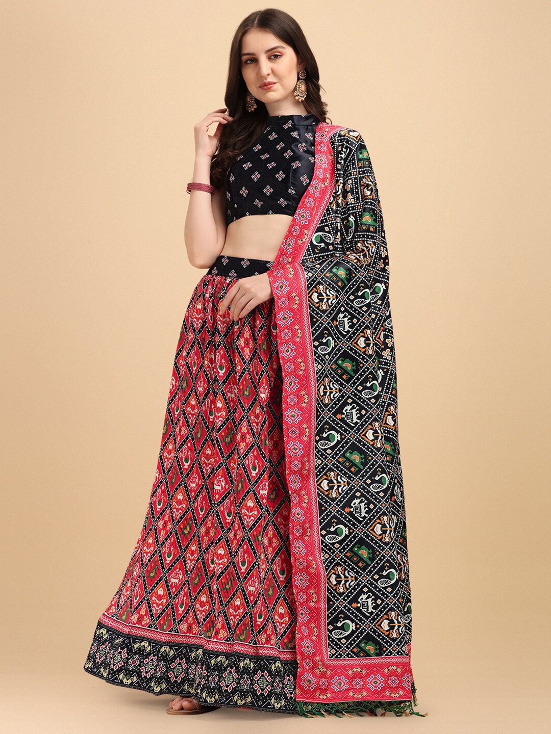 

Fab Viva Pink & Black Printed Semi-Stitched Lehenga & Unstitched Blouse With Dupatta