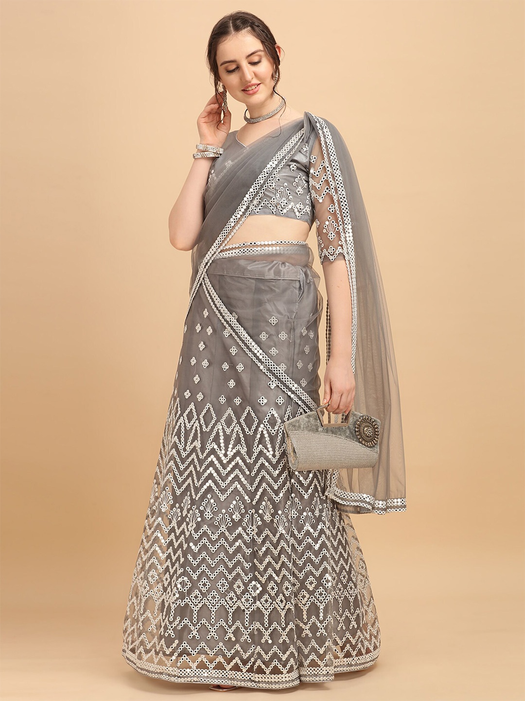

Fab Viva Grey & White Embroidered Thread Work Semi-Stitched Lehenga & Unstitched Blouse With Dupatta