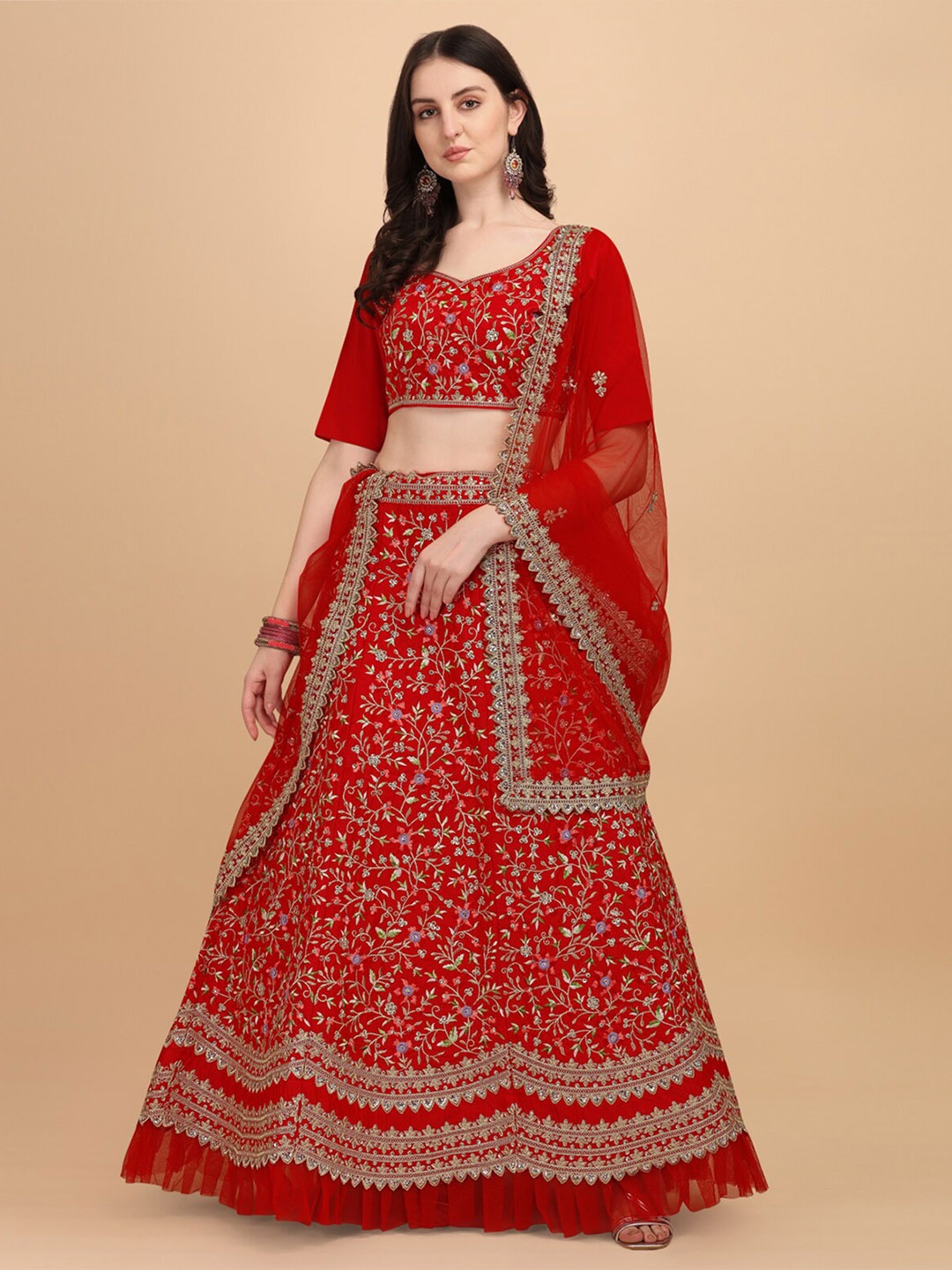 

Fab Viva Red & Green Embroidered Thread Work Semi-Stitched Lehenga & Unstitched Blouse With Dupatta