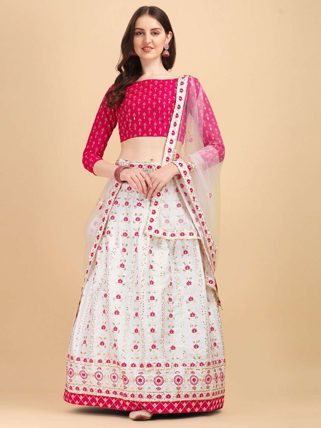 

Fab Viva White & Red Embroidered Thread Work Semi-Stitched Lehenga & Unstitched Blouse With Dupatta