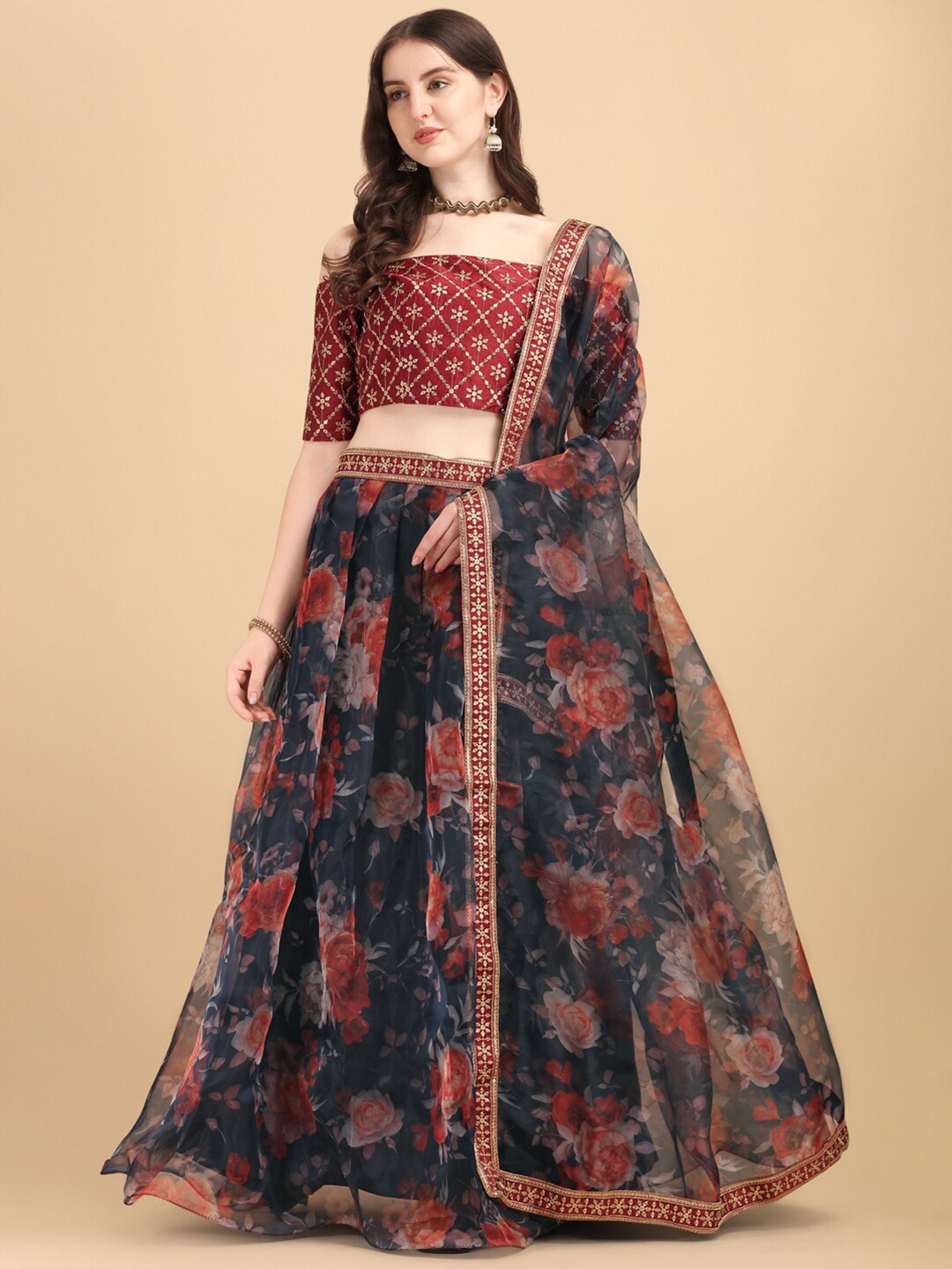 

Fab Viva Navy Blue & Red Printed Sequinned Semi-Stitched Lehenga & Unstitched Blouse With Dupatta