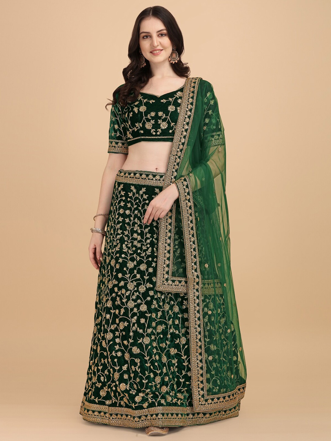 

Fab Viva Green & Gold-Toned Embroidered Thread Work Semi-Stitched Lehenga & Unstitched Blouse With Dupatta