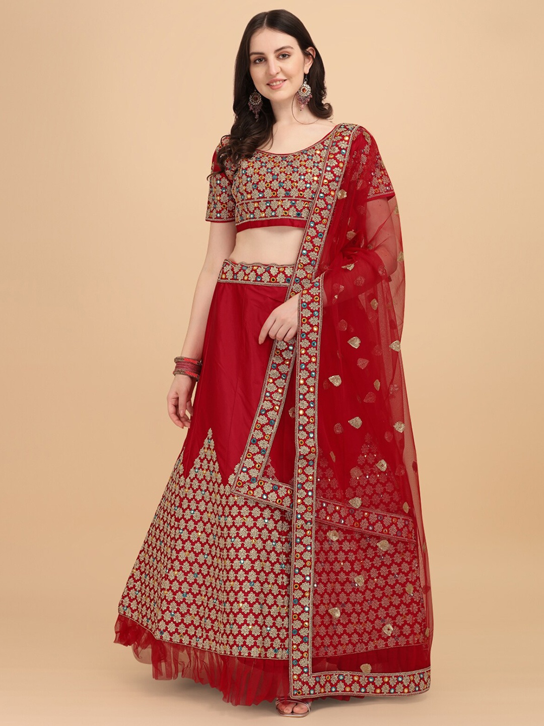 

Fab Viva Red & Gold-Toned Embroidered Thread Work Semi-Stitched Lehenga & Unstitched Blouse With Dupatta